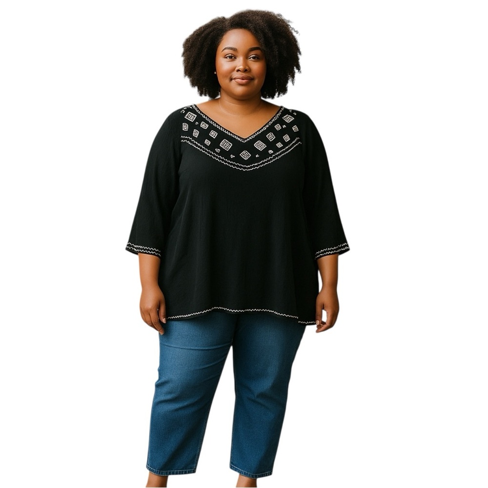D & CO Denim Co Top Women’s 3X Black Embroidered‎ Peasant Boho Tribal V Neck